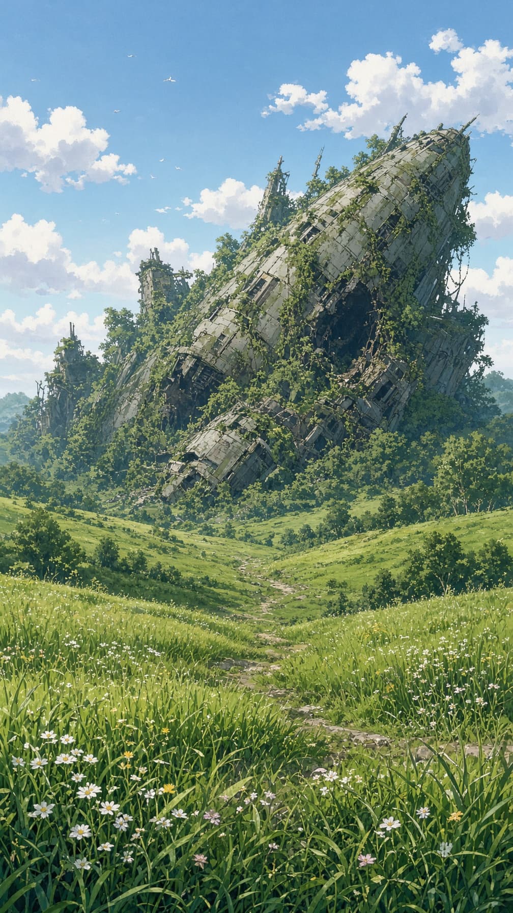 Grassy path toward a quiet den hillside